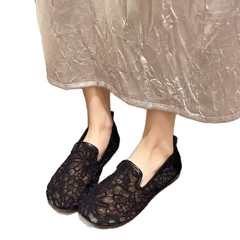 Zapatos de red finos de verano, lentejuelas de encaje para mujer, zapatos de boca baja, zapatos de tela viejos de Beijing huecos de lino, zapatos de frijoles estilo hada