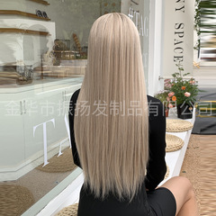 Cross-border European and American style wigs for women with long straight hair and bangs, gray gold wig set, realistic and natural cross-border supply wigs