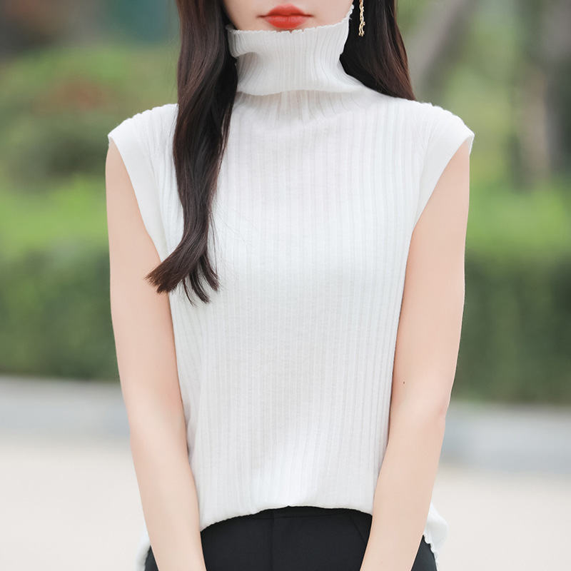 High Collar Sweater Vest Women's Slim-fit Slimming Spring and Autumn Stacked Collar Stacked Inner Sleeveless Wool Base Shirt