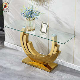 轻奢玄关台现代简约玻璃玄关桌不锈钢半圆形过道大堂靠墙玄关柜