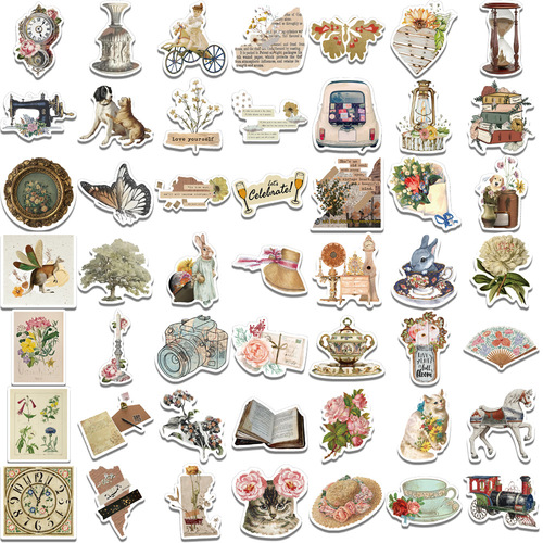 50 sheets/5 types of retro stickers cross-border literary and artistic patterns waterproof graffiti suitcase notebook account stickers wholesale