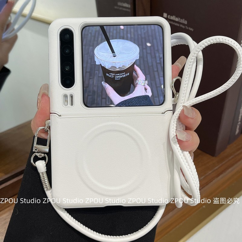 适用华为PuraX典藏折叠p50pocket2手机壳护轴皮质高级白磁吸支架MagicVFlip斜挎绳小米MIXFlip2三星ZFlip765|undefined