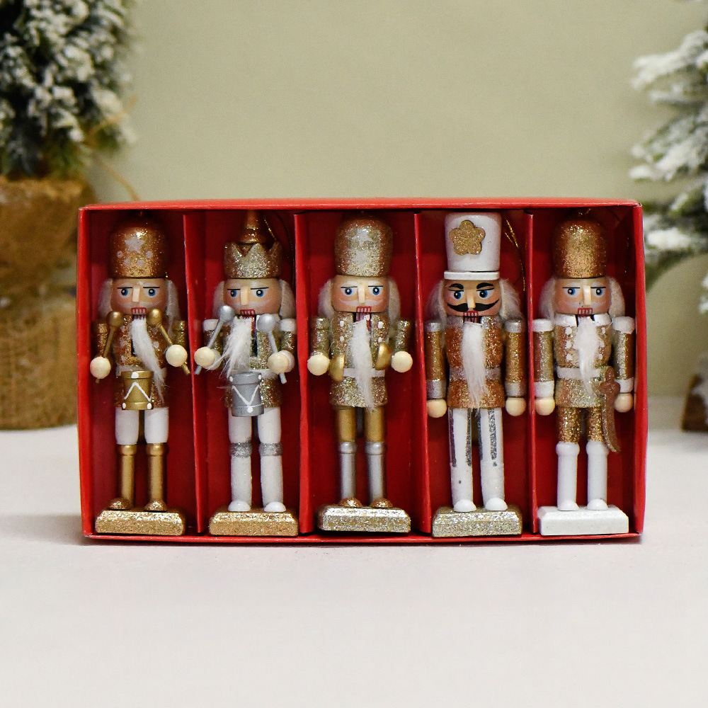 13cm conjunto de cinco brillantes rosa plateado rojo oro tambor soldado hombre de nueces maniobra de marionetas colgante árbol de Navidad