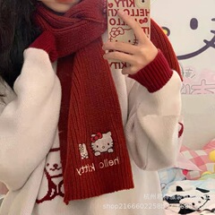秋冬の赤いマフラーins風の日本の柔らかい妹の百合の学生の甘い少女の猫の刺繍の保温のマフラー