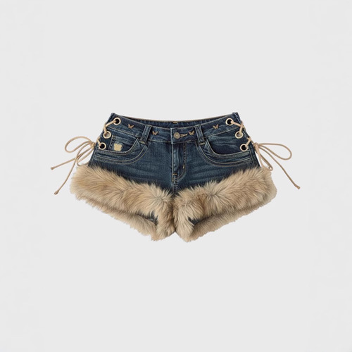 Plus-size American-style high-street designer fur-matched jeans for women—Y2K millennial edgy low-rise slimming hot pants.