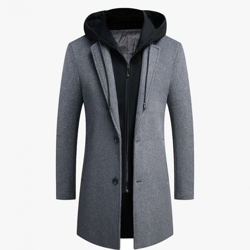 2025 New Men's Korean Style Casual Woolen Coat Mid-Length Removable Hat Trendy Jacket Men's Easiest for Match