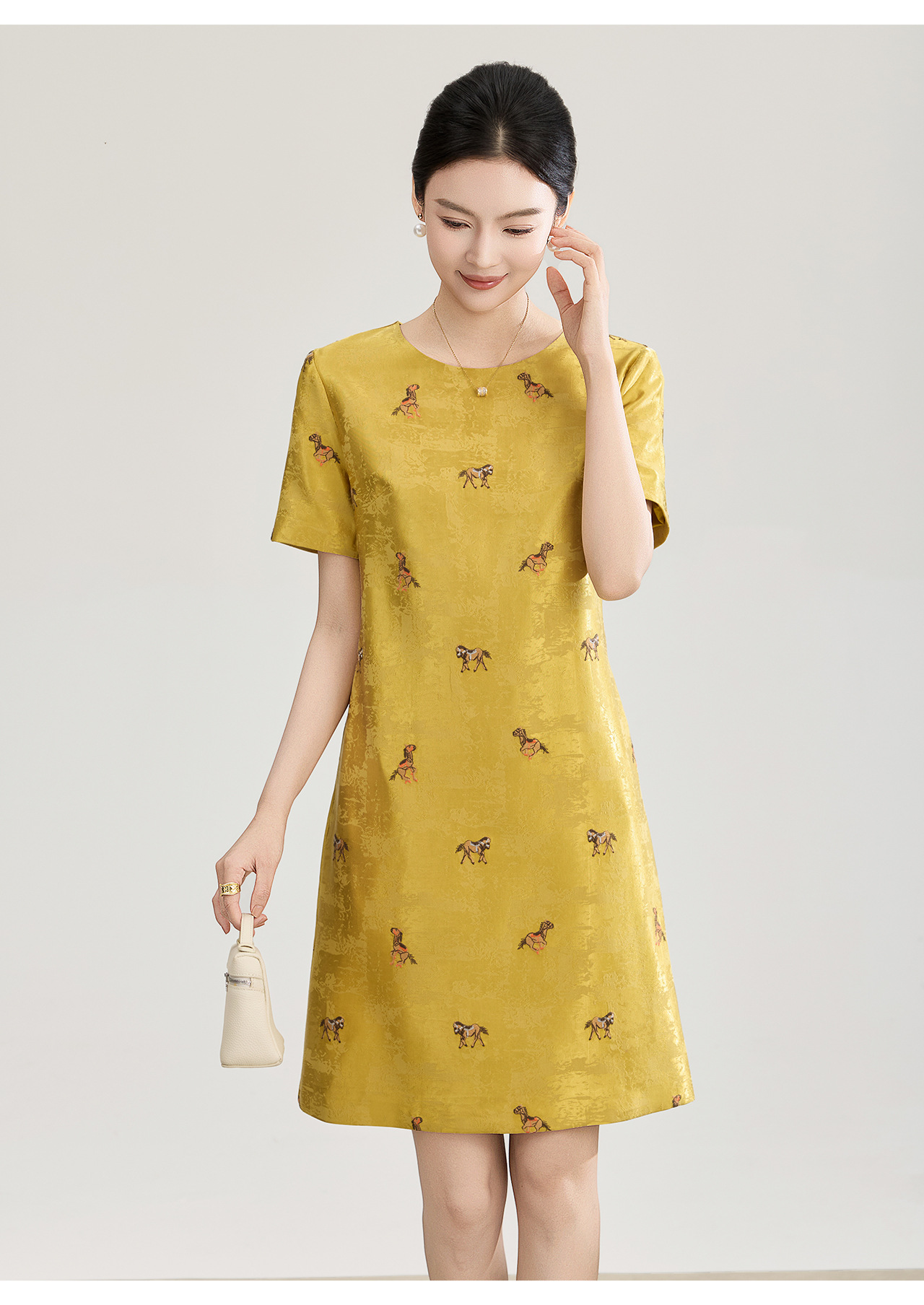 Đầm maxi nữ tay ngắn thêu hoa văn jacquard, chất liệu linen phối ren — màu hồng chi tiết 19