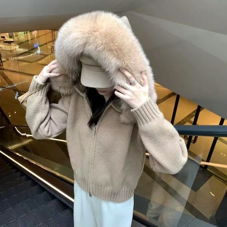 韩系时尚高级感气质大毛领针织开衫女秋冬卡其色宽松毛衣外套上衣|undefined