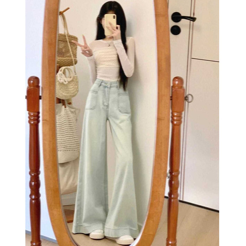 2385 Commuter Versatile Design Flared Leg Jeans for Women Spring and Autumn High-Waisted Slimming Tall-Heeled Ground-Long Jeans