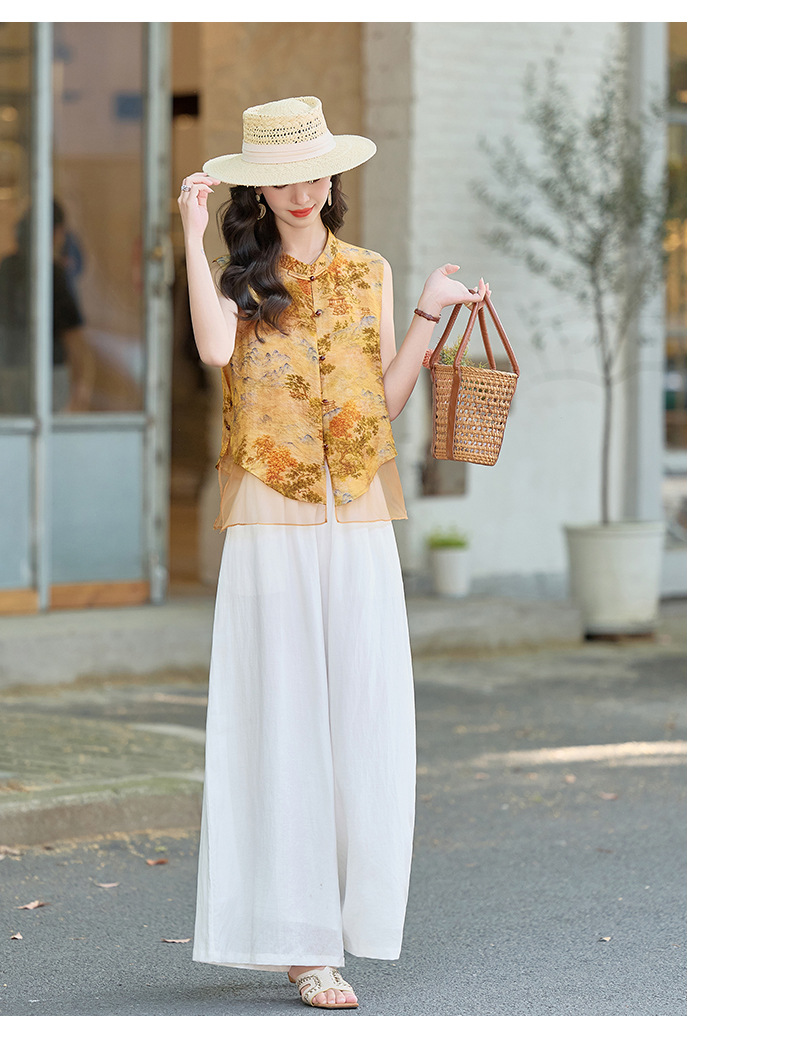 Bộ quần áo nữ hai mảnh gồm áo sơ mi cổ đứng họa tiết jacquard và quần ống đứng — Màu ảnh chi tiết 12