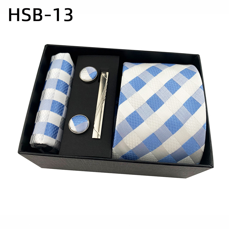 2025 nueva caja de regalo negra de negocios para hombres, corbata lisa a rayas, bufanda de bolsillo, clip de corbata, traje de regalo