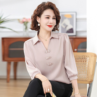Summer Mom's Chiffon Shirt with Seven-Sleeve Shirt Collar Solid Color Middle-aged and Elderly Women's Summer Clothes Elegant Small Shirt