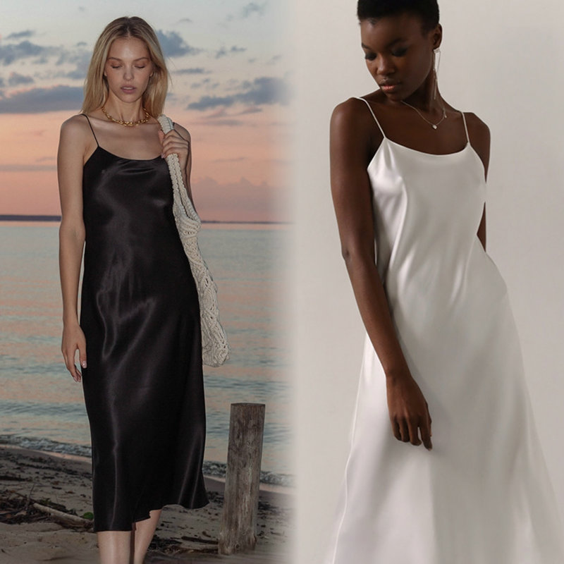 45 ° Asymmetrical Cut Acetate Camisole Dress for Women, Round Neck, Slimming Satin, Over-The-Knee Mid-Length