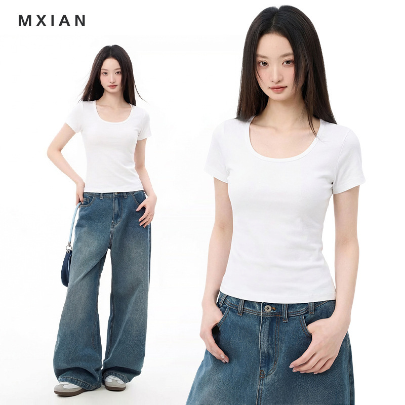 Women's Summer Basic Slim-Fit Short-Sleeve T-Shirt with U-Neck, Versatile and Slimming, White Design, Solid Color, Short Top Women's Summer Basic Slim-Fit Short-Sleeve T-Shirt with U-Neck, Versatile and Slimming, White Design, Solid Color, Short Top