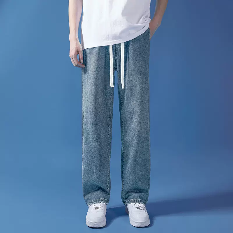 阔腿牛仔裤男夏季韩版原宿风休闲简约潮流ins宽松抽绳直筒长裤子
