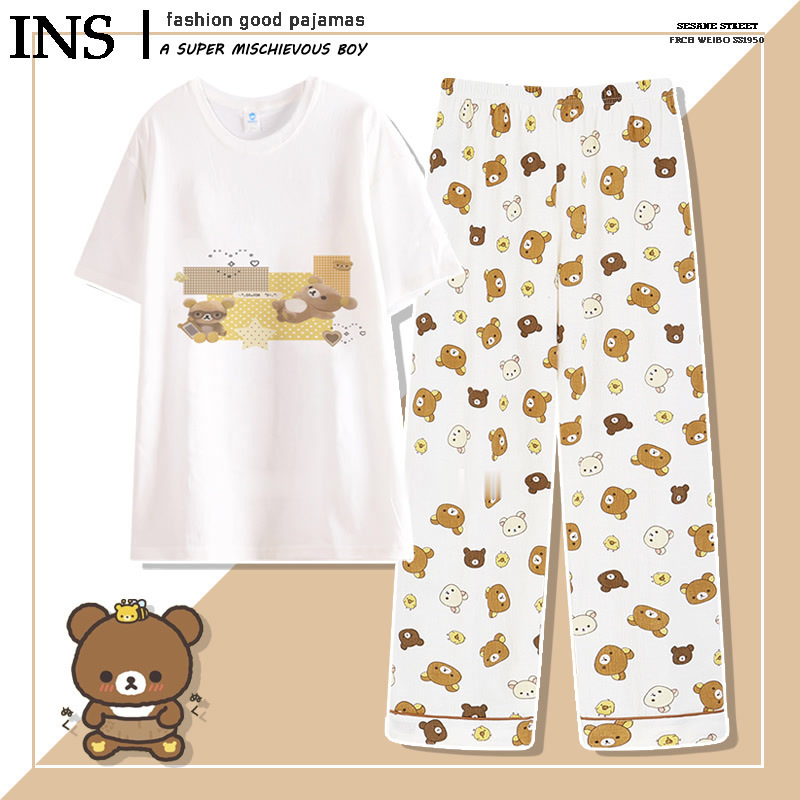 Pure Cotton Rilakkuma Rilakkuma Pajamas Spring and Autum Women's Short-Sleeved Pants Cute Rilakkuma Home Clothes Summer