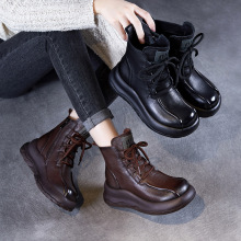 2024秋冬松糕厚底增高复古马丁靴女真皮靴子低帮圆头牛皮手工短靴