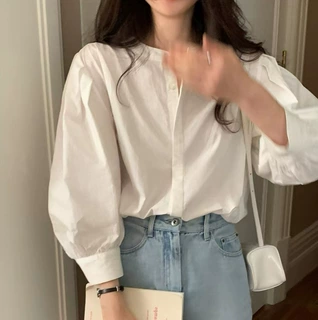2026早春新款宽松法式复古内搭上衣圆领七分袖打底衬衫女白色衬衣