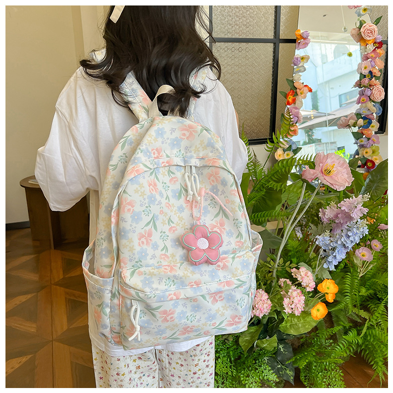 738g Weight Polyester Lining Material Sewing Thread Fashion Element Zipper Closure Type Double Shoulder Straps Strap Type Casual, School, Daily Occasion Nylon Material Waterproof Function Back To School Festival School Backpack Backpack Flower, Strawberry Pattern All Seasons Season Women's Gender Classic Style Style Square Shape Waterproof Flower Strawberry Casual School Daily School Backpack 14