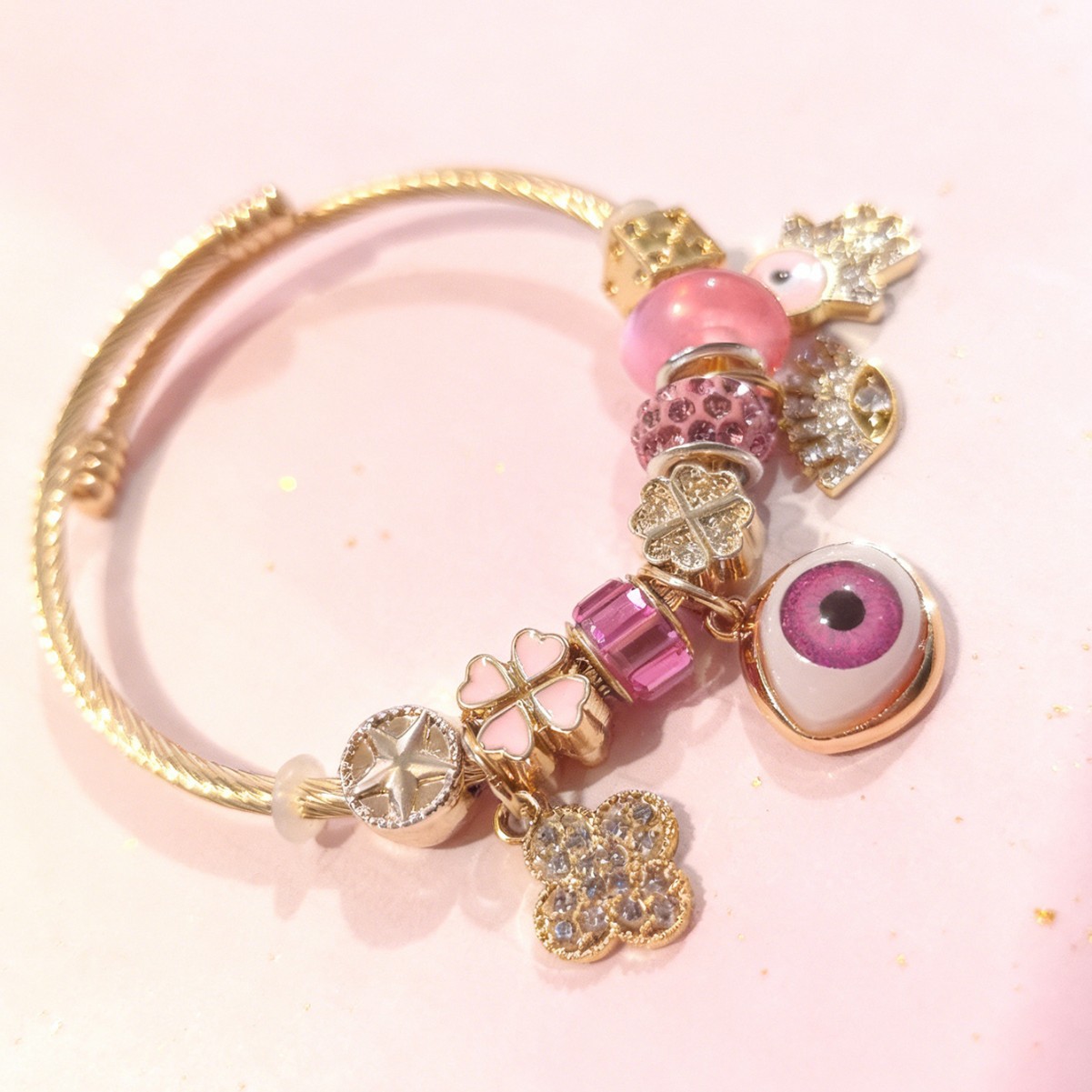 Brote transfronteriza Pan familia pulsera de acero inoxidable diamante rosa ojo del diablo mano de Dios joyas de color de hierba de cuatro hojas