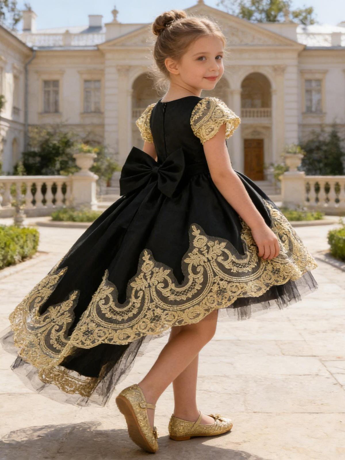Nuevo vestido de encaje vestido de cascada plegable vestido de princesa vestido de cola de niñas vestido de niños vestido