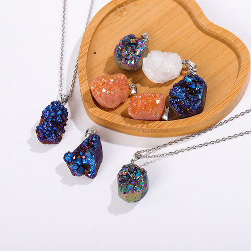 Natural irregular agate crystal pendant white crystal raw stone necklace diy jewelry accessories gravel necklace cross-border