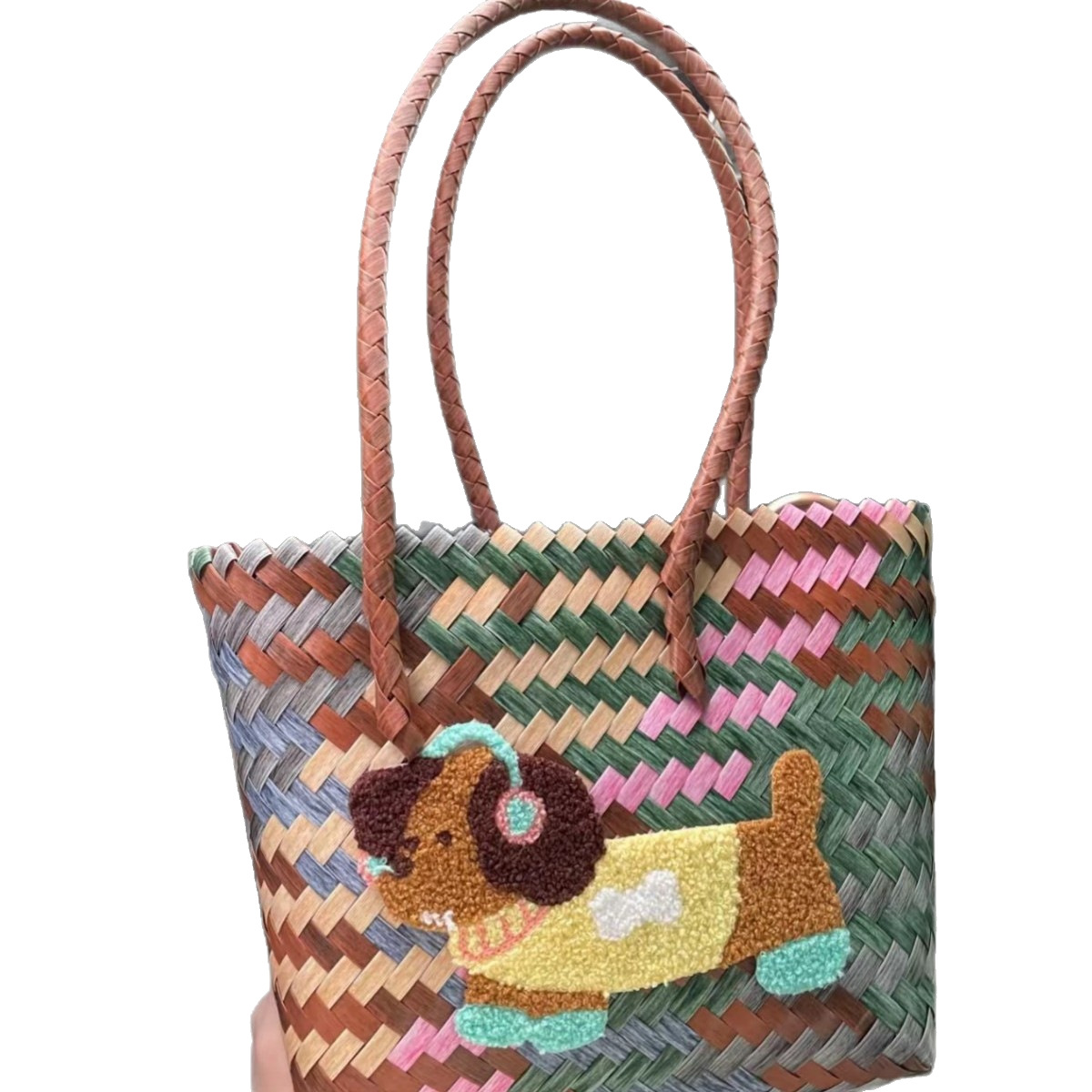 Handmade Rattan Shoulder Bag With Leather Trim And Seagrass_voghion.com