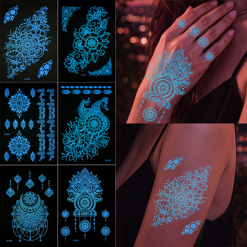 Blue Luminous Tattoo Stickers with Hollow Floral Designs for the Back of the Hand and Fingers, Henna Wedding Festival Temporary Tattoo Stickers Blue Luminous Tattoo Stickers with Hollow Floral Designs for the Back of the Hand and Fingers, Henna Wedding Festival Temporary Tattoo Stickers