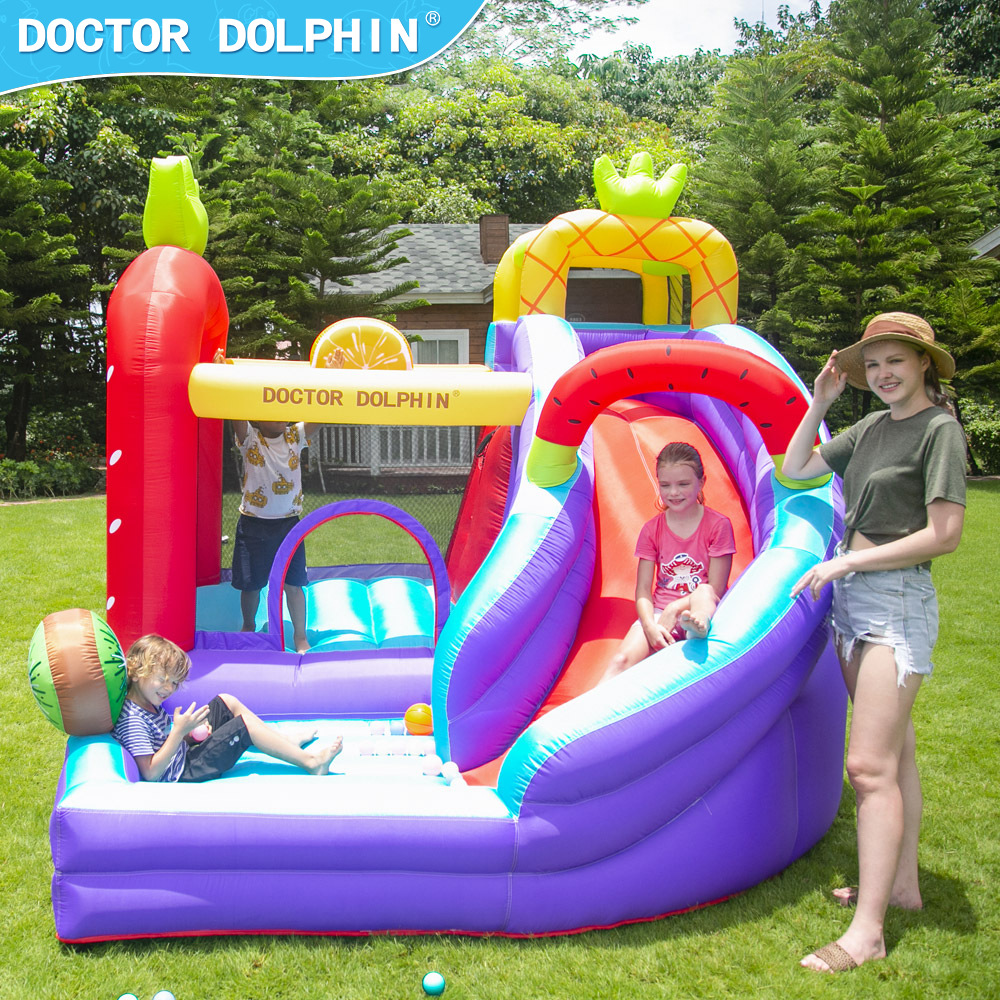 Doctor Delfín | Castillo inflable infantil para exteriores, pequeño, con temática de frutas, combinación de trampolín y tobogán, área de juegos para el hogar.