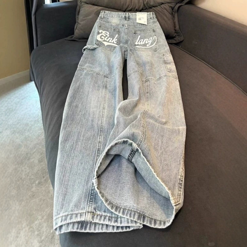 Long-Length American Retro High-Street Printed Workwear Jeans for Tall Women, Summer Washed Wide-Leg Straight Floor-Length Pants Long-Length American Retro High-Street Printed Workwear Jeans for Tall Women, Summer Washed Wide-Leg Straight Floor-Length Pants