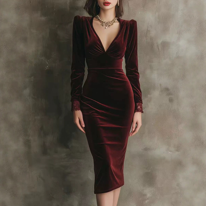 2026 Autumn/Winter European and American cross-border velvet V-neck wrap-style long-sleeve fitted midi dress for women 2026 Autumn/Winter European and American cross-border velvet V-neck wrap-style long-sleeve fitted midi dress for women