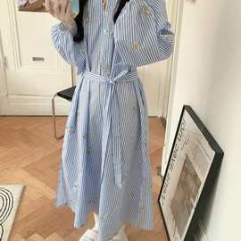 批发货源 2026春款女甜美度假风睡袍睡裙条纹绣花可外穿家居服