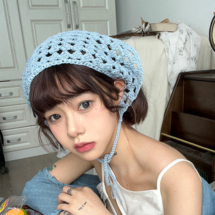 Girls niche color handmade crochet short hair cute knitted hair band triangle hollow headscarf wholesale