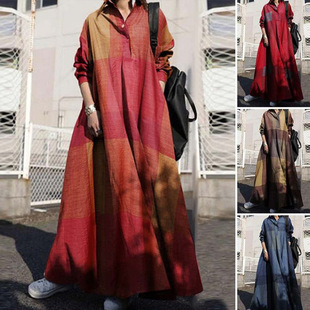 Fashionable cotton and linen plaid dress, retro ethnic style printed loose long-sleeved dress