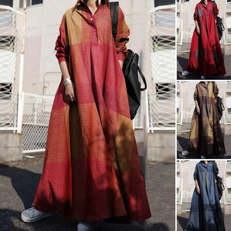 Fashionable Cotton and Linen Plaid Dress, Retro Ethnic Style Clothing, Printed Loose Long-Sleeved Large Hem Dress