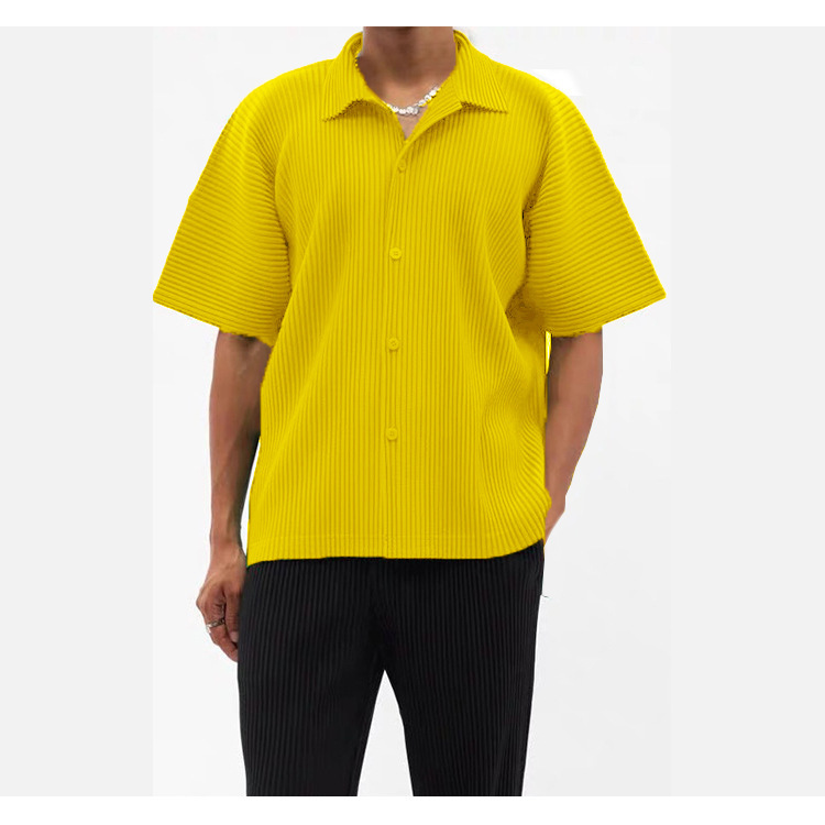 [broken code clear goods n return n change] Miyake style men's pleated short sleeve shirt collar casual cardigan men's t-shirt