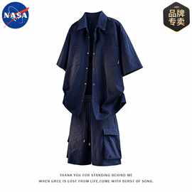 NASA品牌泡泡纱短袖衬衫套装男夏季新款休闲运动高质量短裤两件套