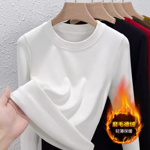 High-quality large round neck ribbed velvet base shirt for women, slimming, long-sleeved, versatile top