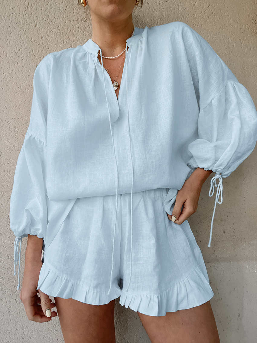 V Neck Neckline Outdoor Daily Women's Simple Style Solid Color Cotton Shorts Co-ord Set Shorts Sets