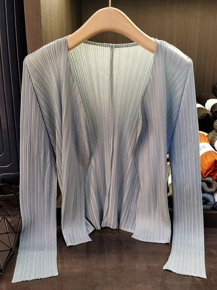 Áo cardigan nữ tay dài xếp ly không cài khuy, phong cách đơn giản cao cấp mùa xuân hè — Màu xanh lam nhạt, Màu đen, Xanh Lông Công, Màu hồng