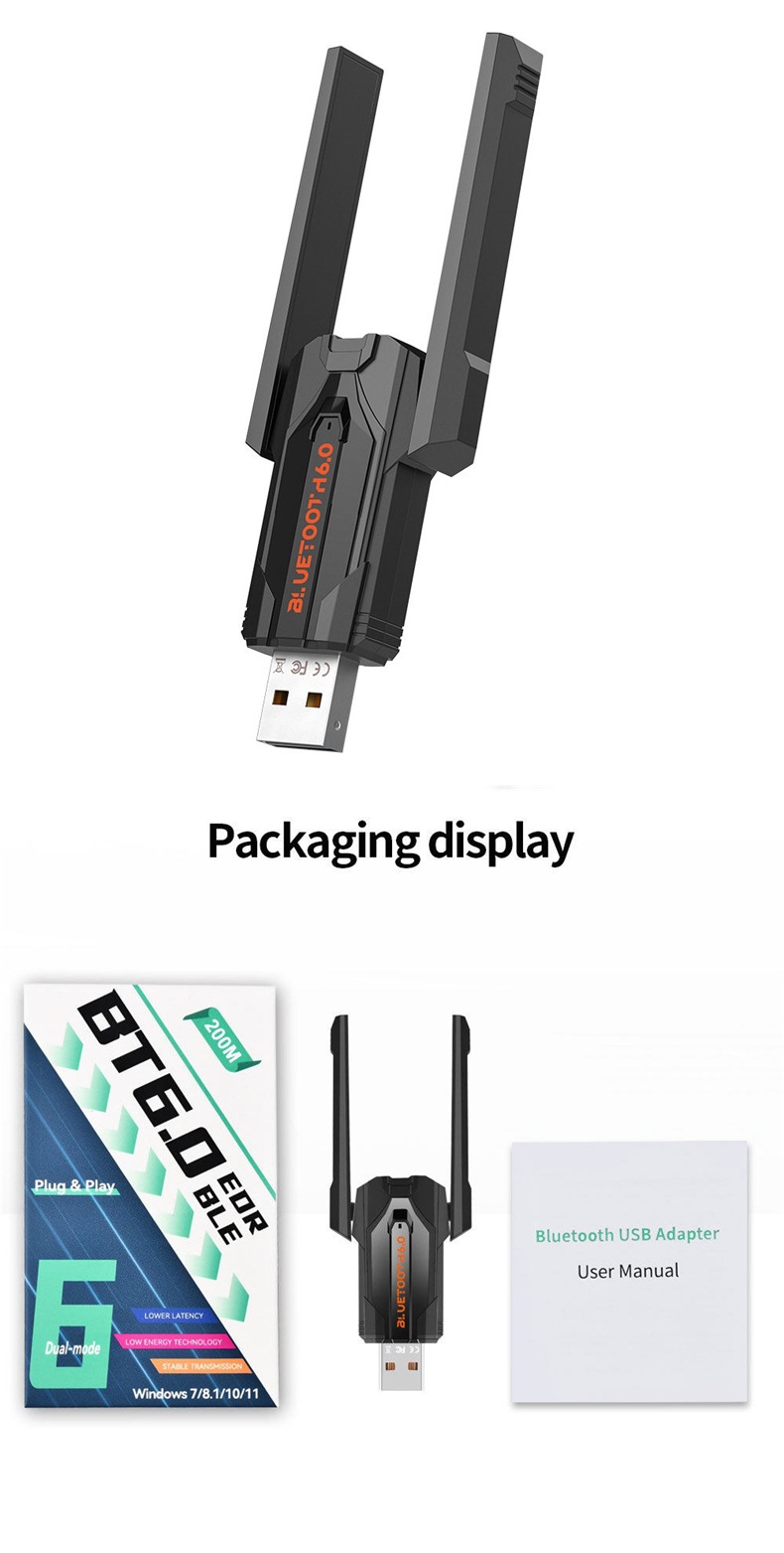 Bluetooth Adapter BT6.0 Driver-Free Desktop Computer USB Audio Receiver and Transmitter PA Gain 200m AAC/SBC