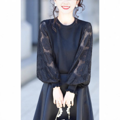哥家商场同款女装2025秋季气质百搭蕾丝拼接灯笼袖圆领针织衫