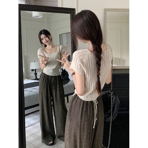 Women's Summer Design-Focused, Unique Neckline Knit Short-Sleeve T-Shirt with Back Ties for a Slimming, Sweet, and Spicy Vibe