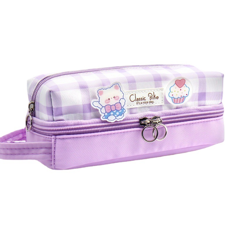 Japonés y coreano ins Escuela Primaria estudiante Plaid lápiz caso chica de alto aspecto fresco portátil de gran capacidad de doble cremallera bolsa de papelería