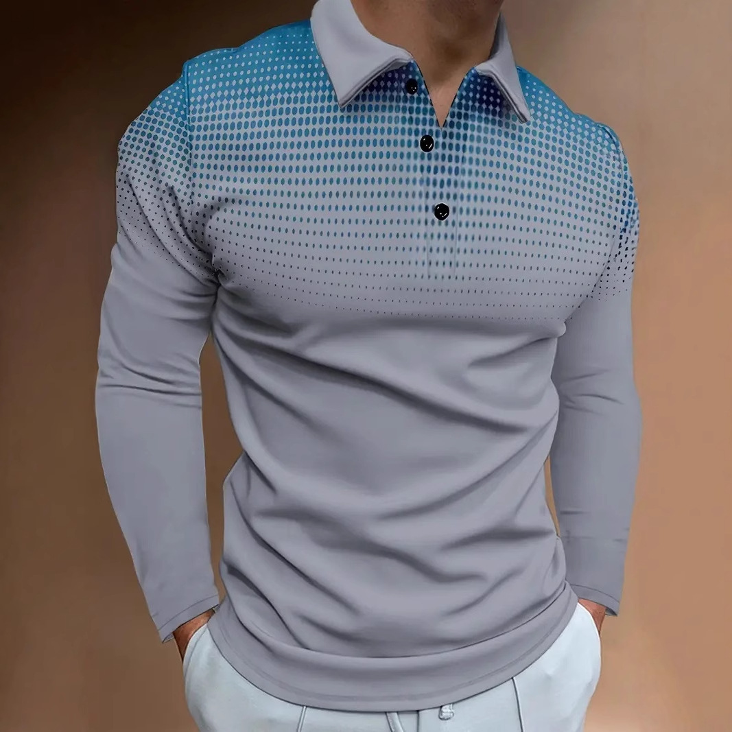 Puntos de color degradado simples con estampado 3D para hombres casuales de todo fósforo negocios sueltos de manga larga con cuello con botones en stock