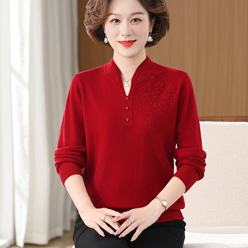 妈妈款100%纯羊毛上衣中年女士秋装毛衣中老年纯色秋冬宽松打底衫