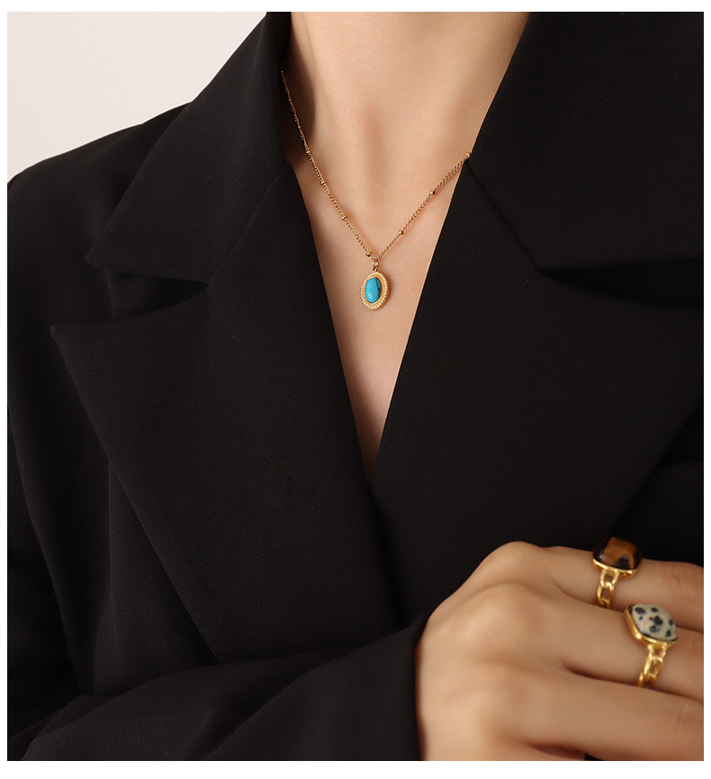 Fashion Turquoise Opal Pendant Titanium Steel Necklace and Earrings Suite