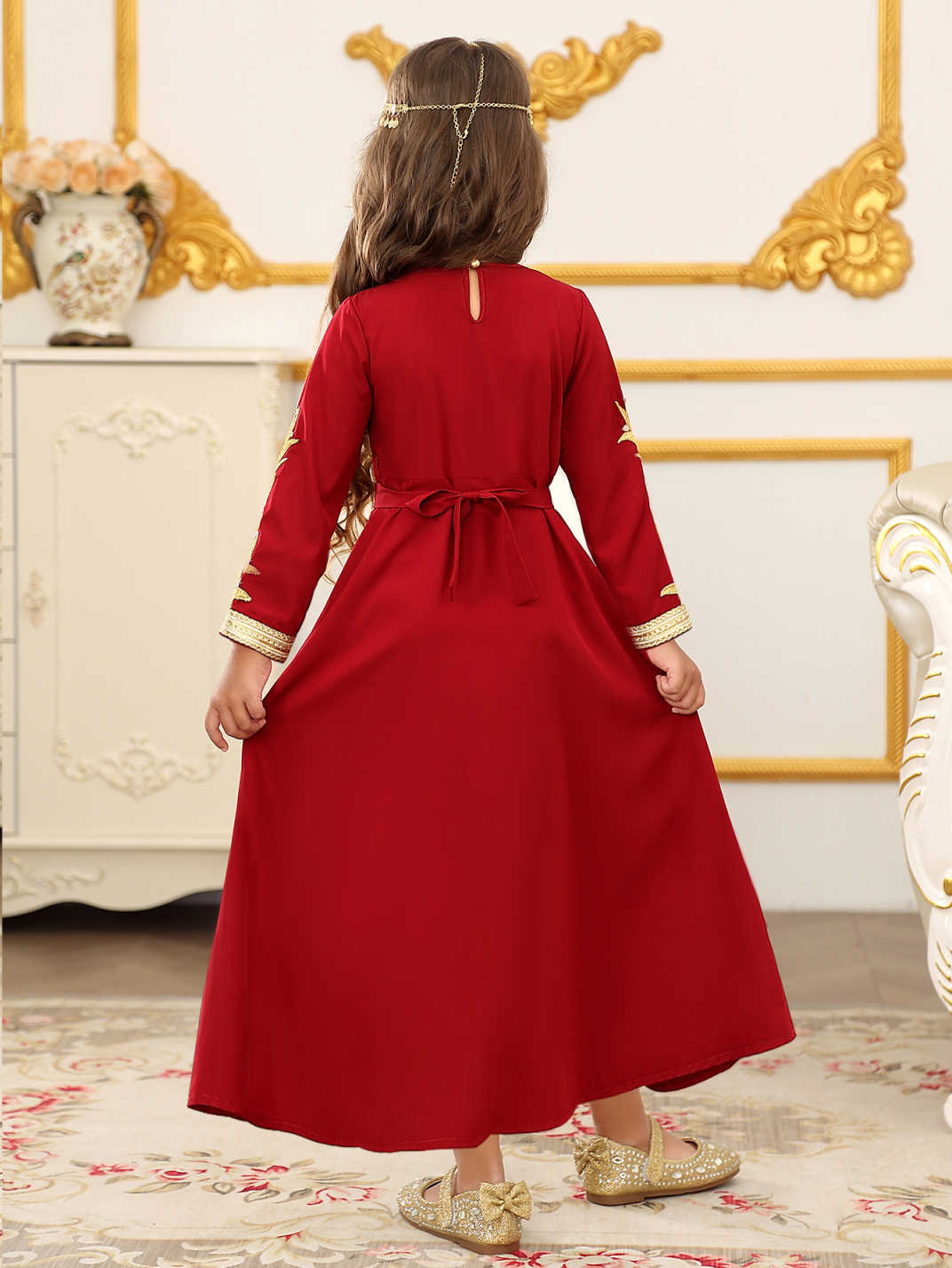 Transfronterizo Amazon vestido largo para niños nuevo cinturón de manga larga encaje vestido de niña bordado de color puro