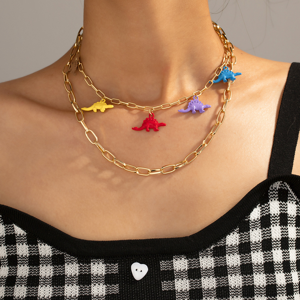 New Fashion Cute Dinosaur Necklace Personality Cartoon Alloy Dinosaur Multilayer Necklace Necklace display picture 2