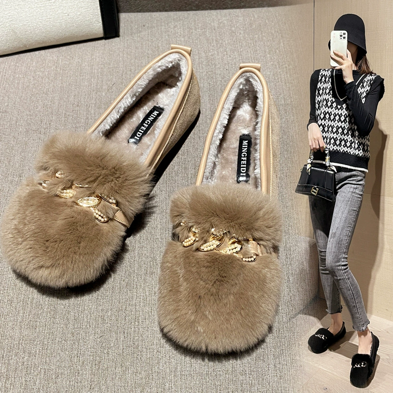 Обувь Maomu Женская осенне-зимняя одежда 2023 новая обувь из кроличьей шерсти больших размеров 41 A 43 Обувь из фасоли на флисовой подкладке хлопчатобумажная обувь на плоской подошве